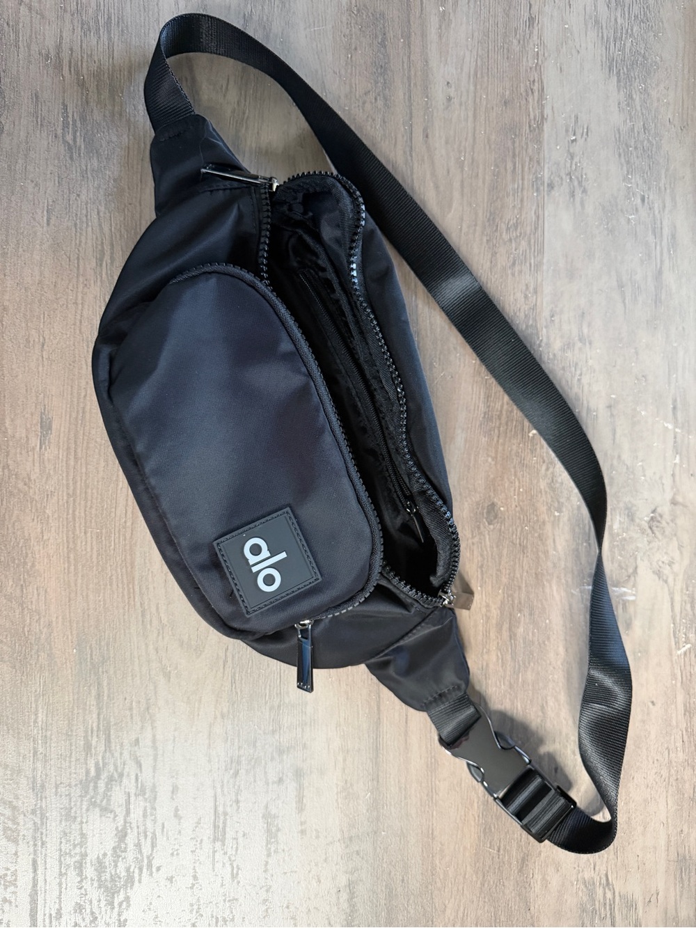 ALO Yoga Black Nylon Sling Belt Bag with Front Zip Pocket